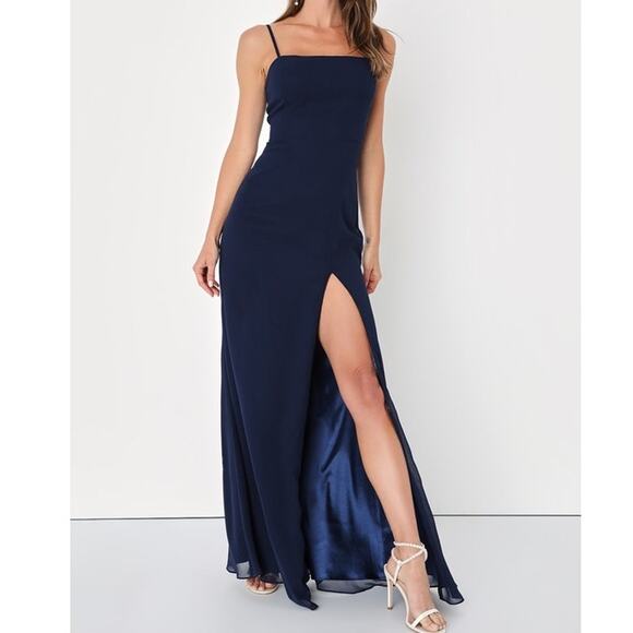 LULU'S SZ S Feeling Elegant Navy Blue Lace-Up Slit Bridesmaid Maxi Dress NEW B34 - Picture 1 of 10